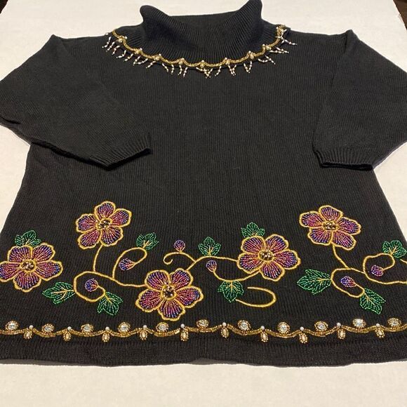 Vintage cowl neck black beaded sweater size 2X - Picture 1 of 7